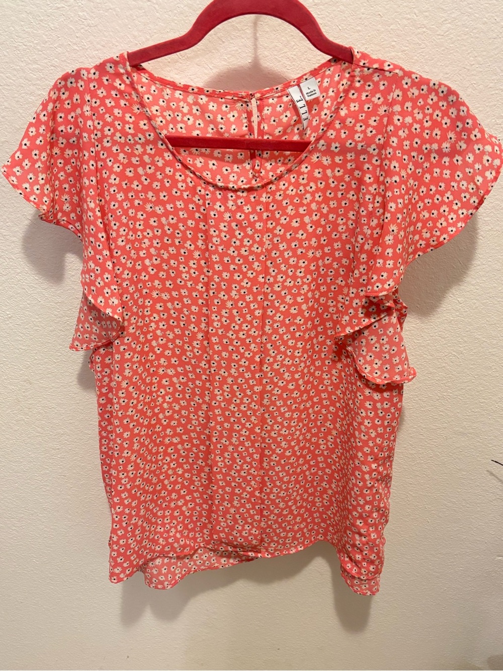 Elle Size Large Orange Floral Ruffled Sleeve Blouse